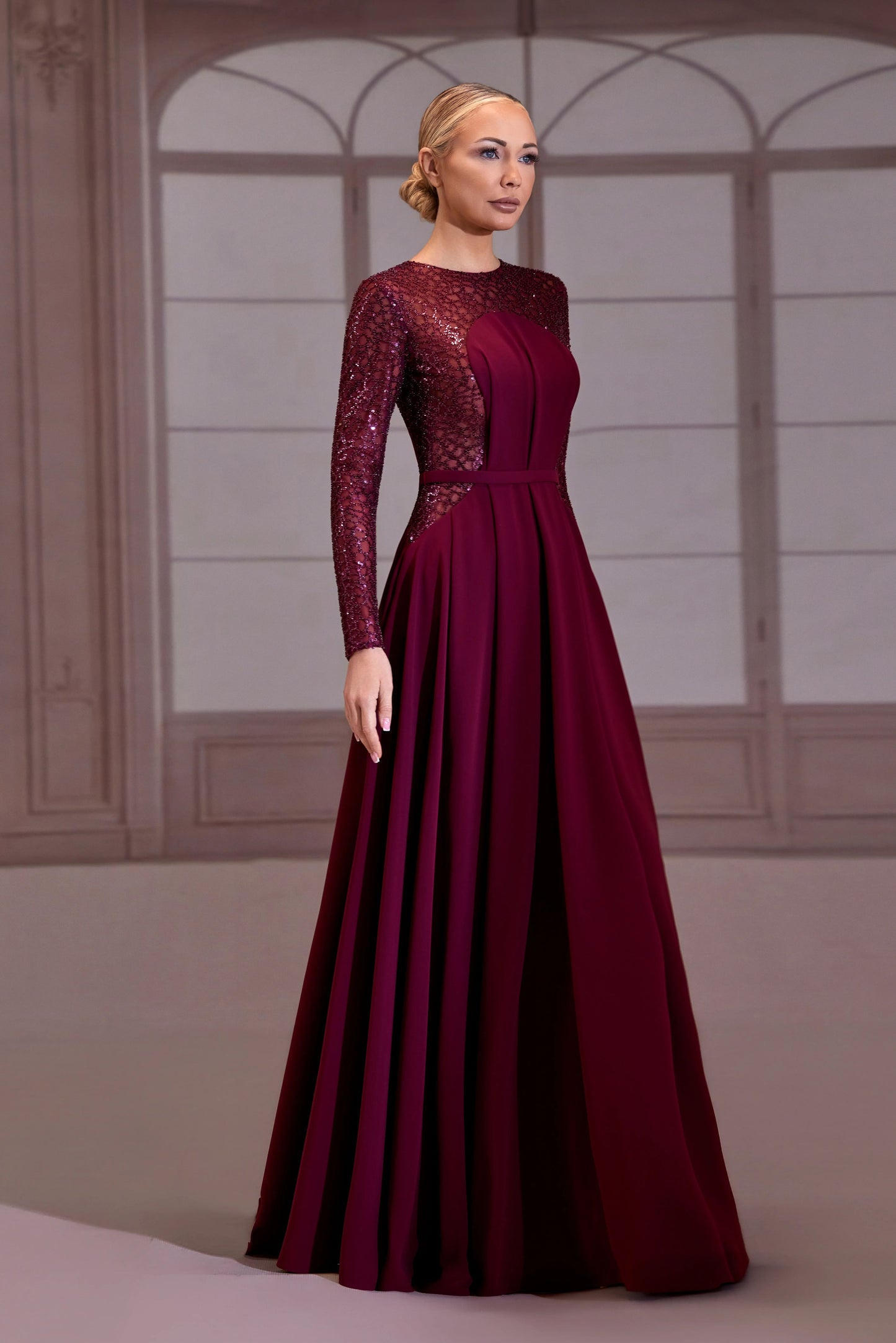 Plum Beaded Long Sleeve Dress