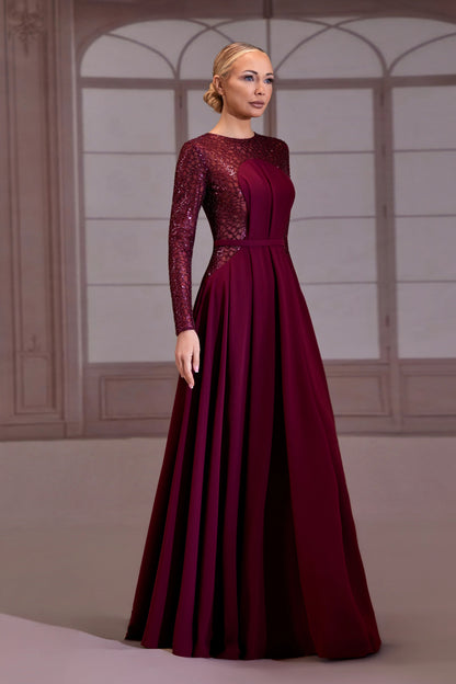 Plum Beaded Long Sleeve Dress