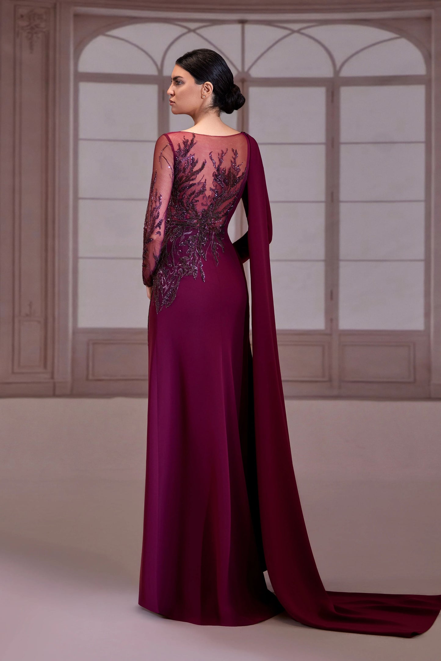 Plum Diagonal Beaded Crepe Dress