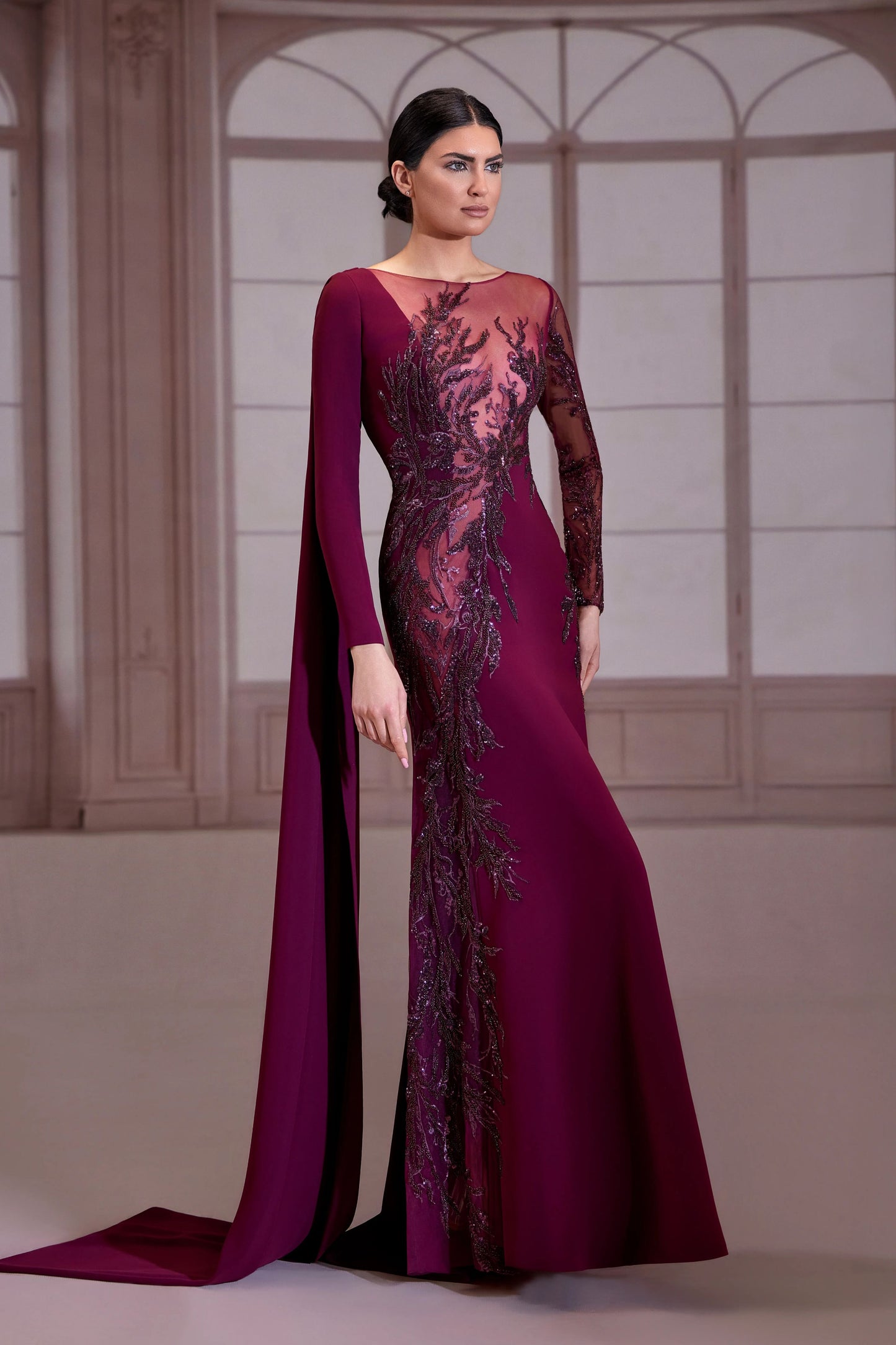 Plum Diagonal Beaded Crepe Dress