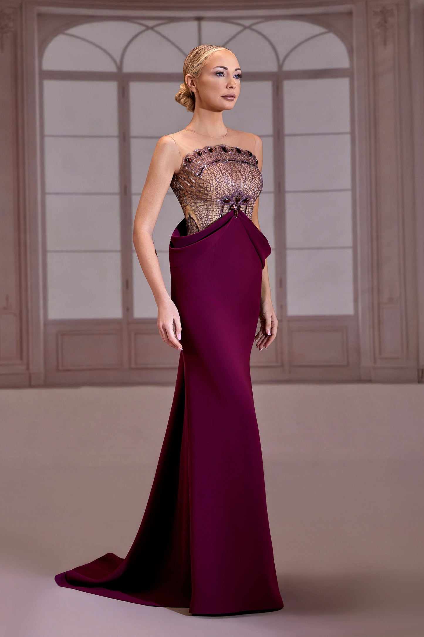 Plum Beaded & Structured Peplum Dress