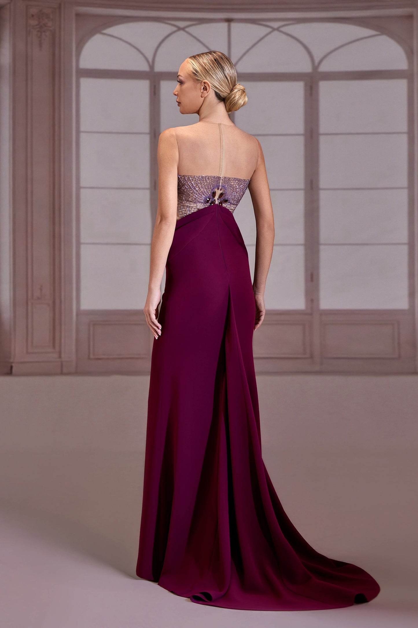 Plum Beaded & Structured Peplum Dress
