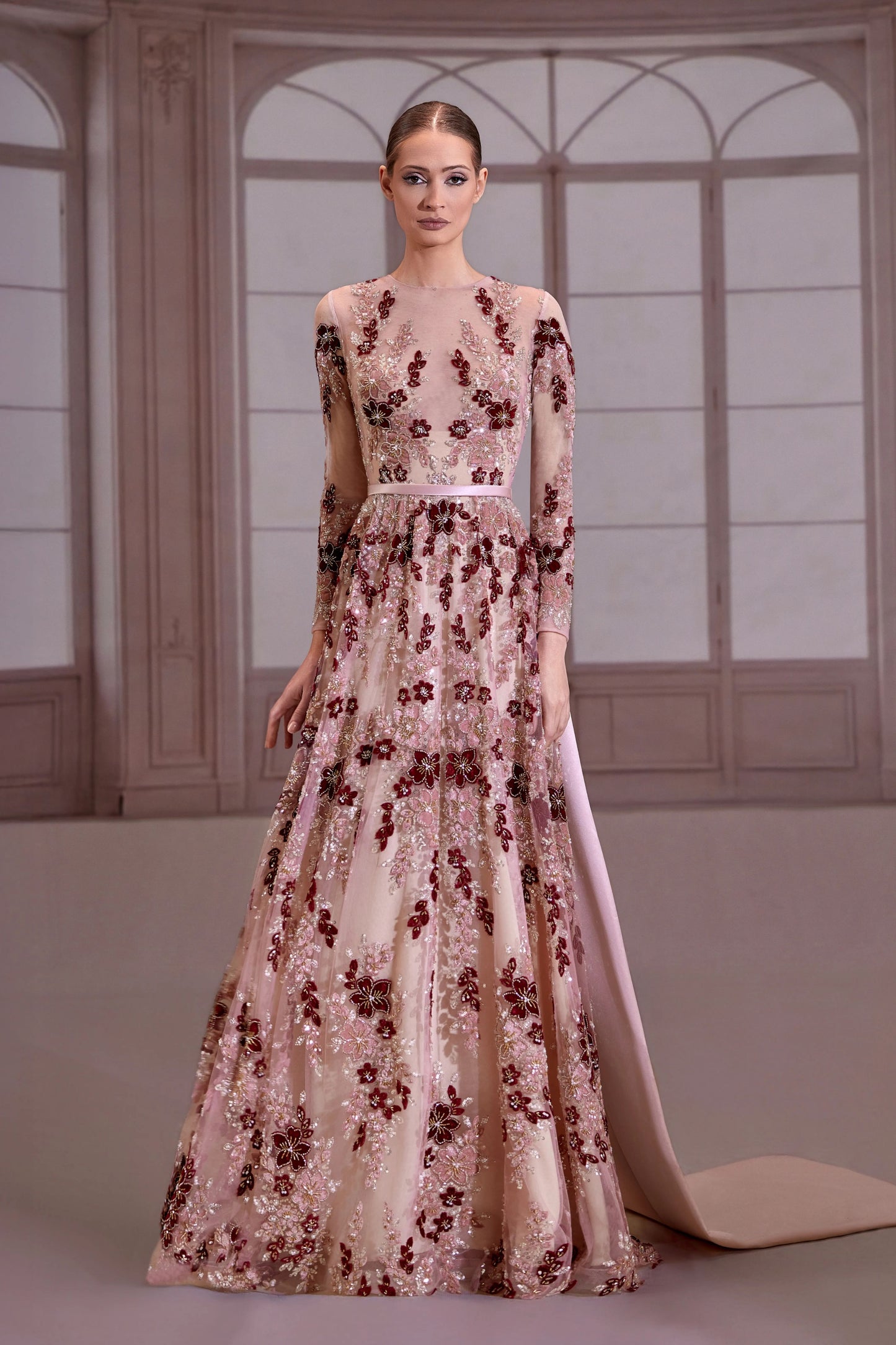 Pink Sheer Long-Sleeve Dress