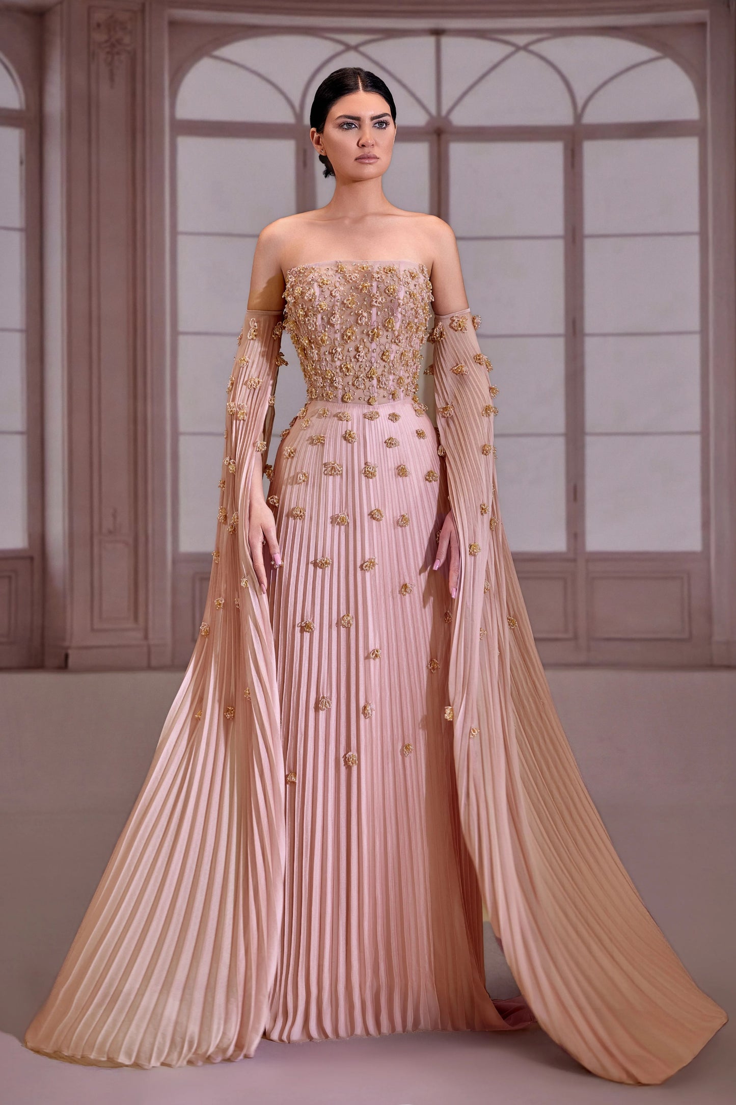 Pink Strapless Beaded Chiffon Dress