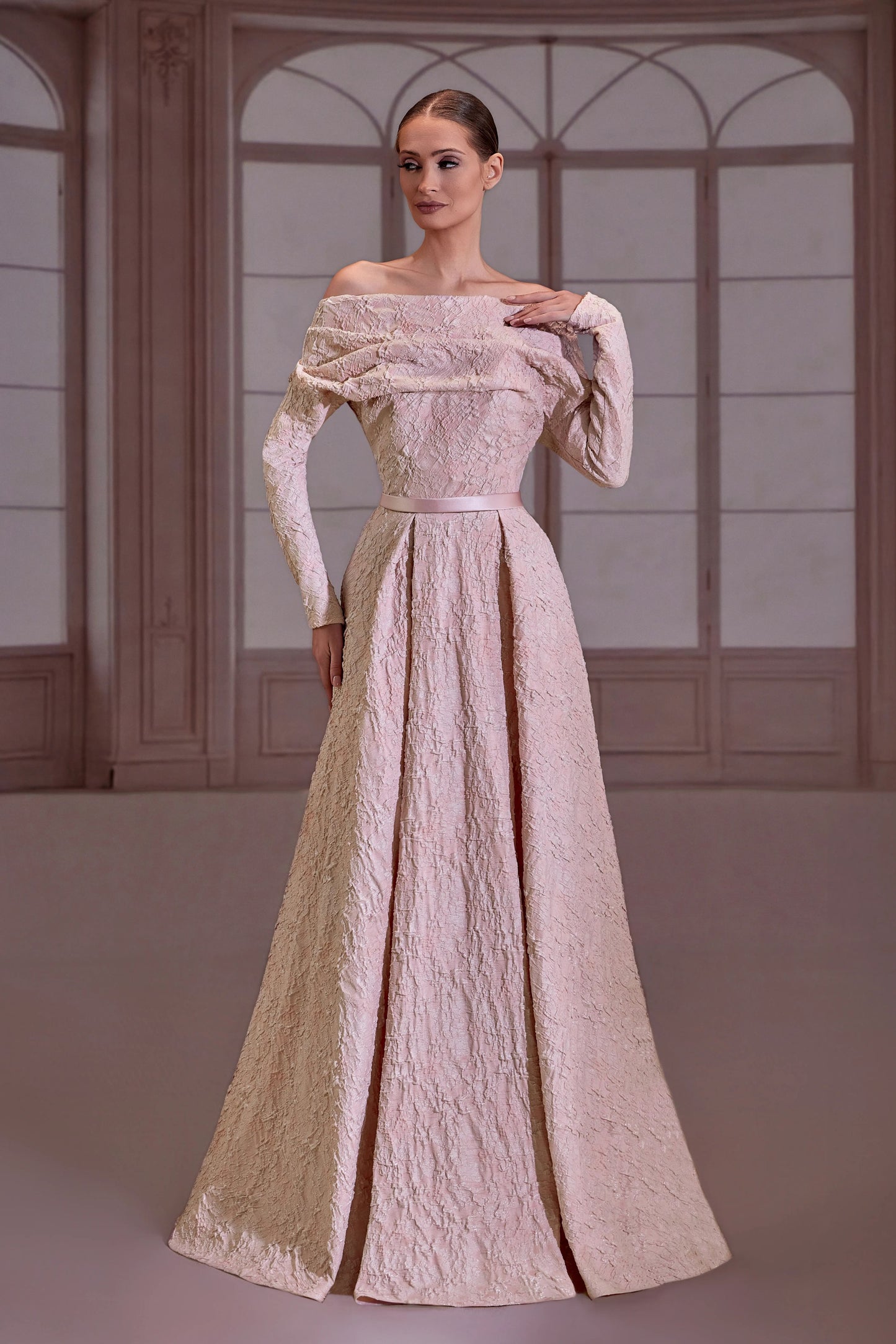 Pink Brocade Off-Shoulder Dress