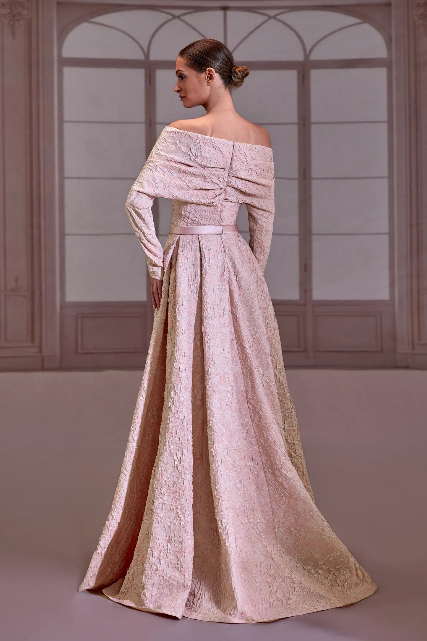 Pink Brocade Off-Shoulder Dress