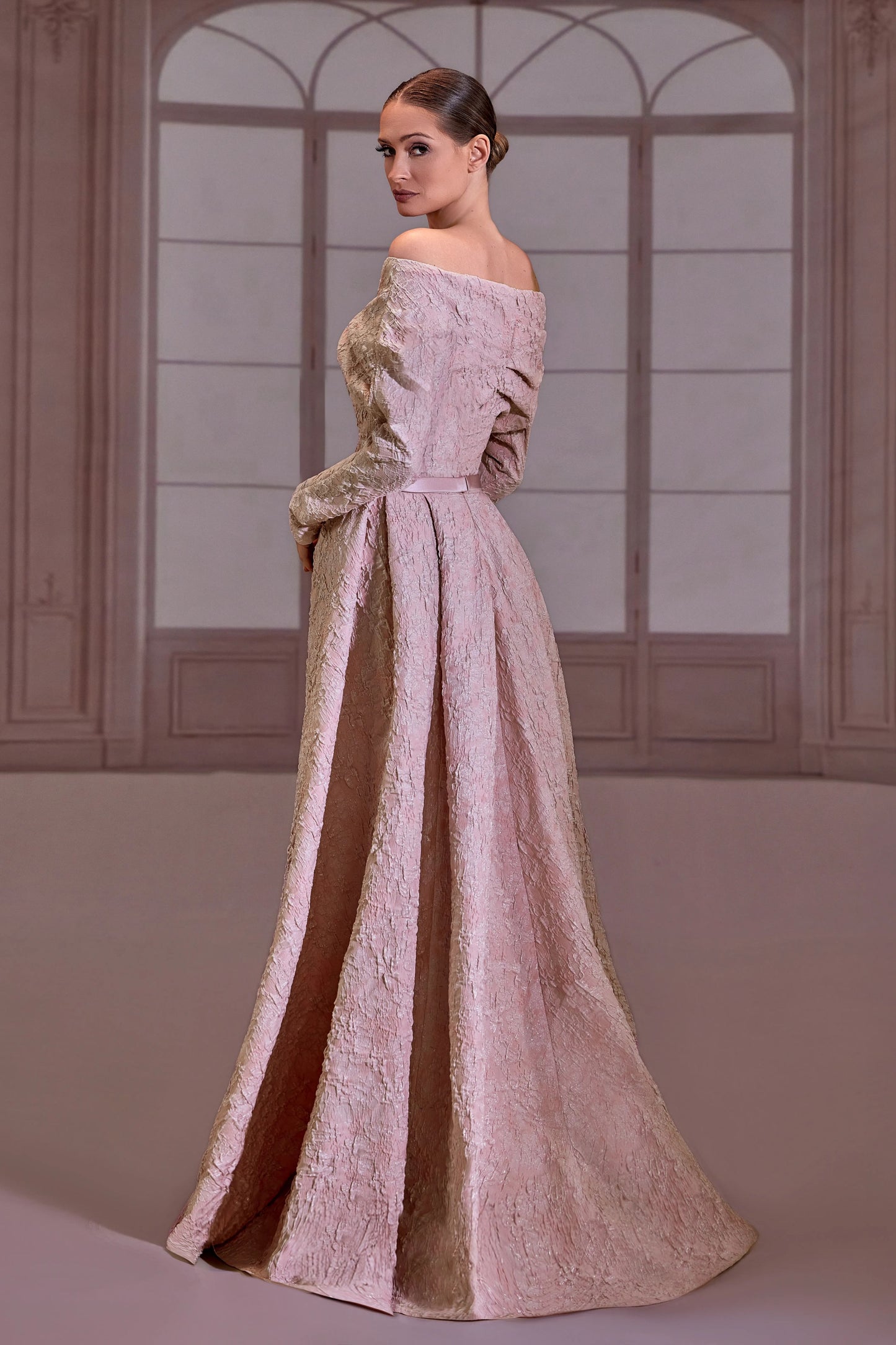 Pink Brocade Off-Shoulder Dress