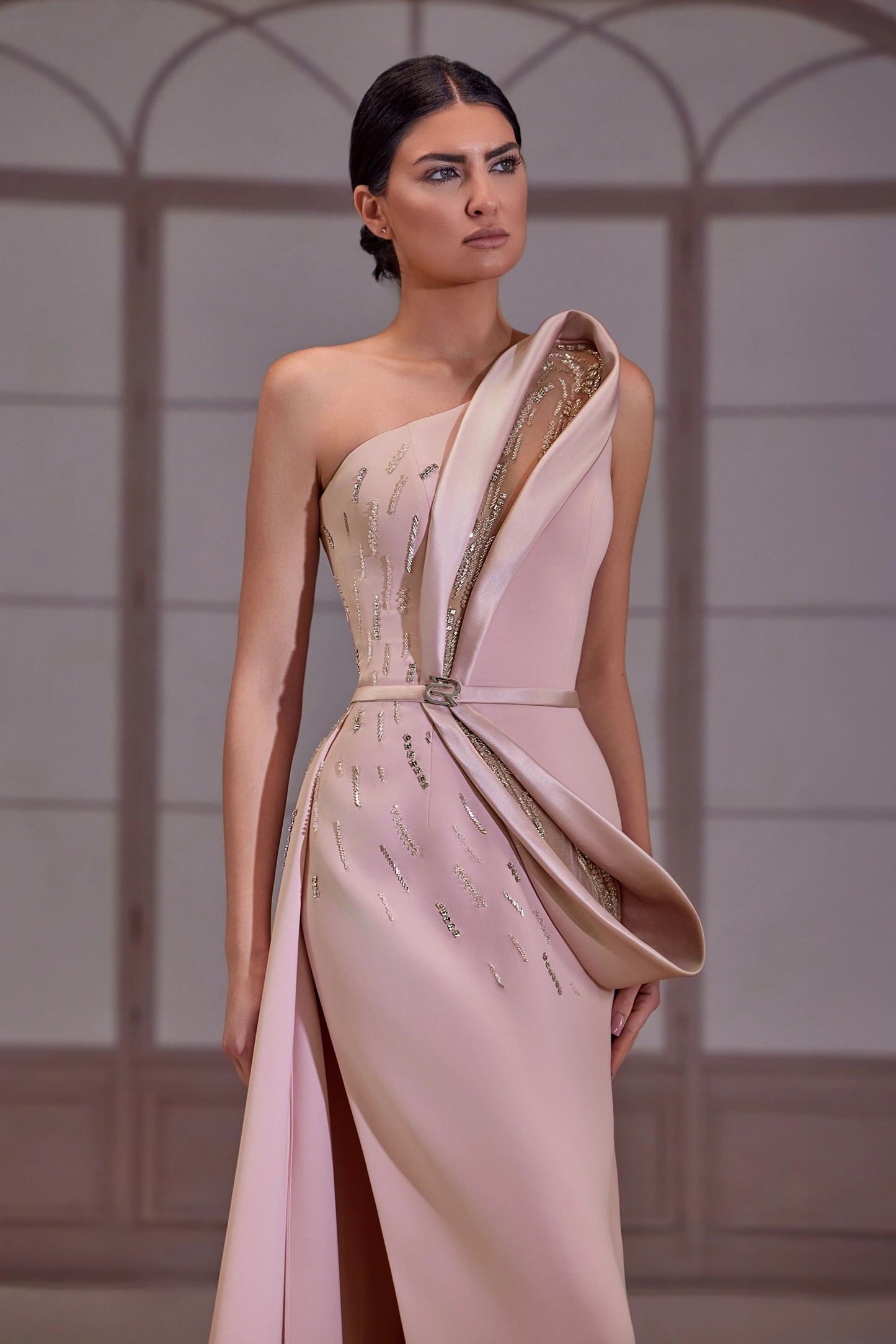 Pink One Shoulder Beaded Crepe Dress