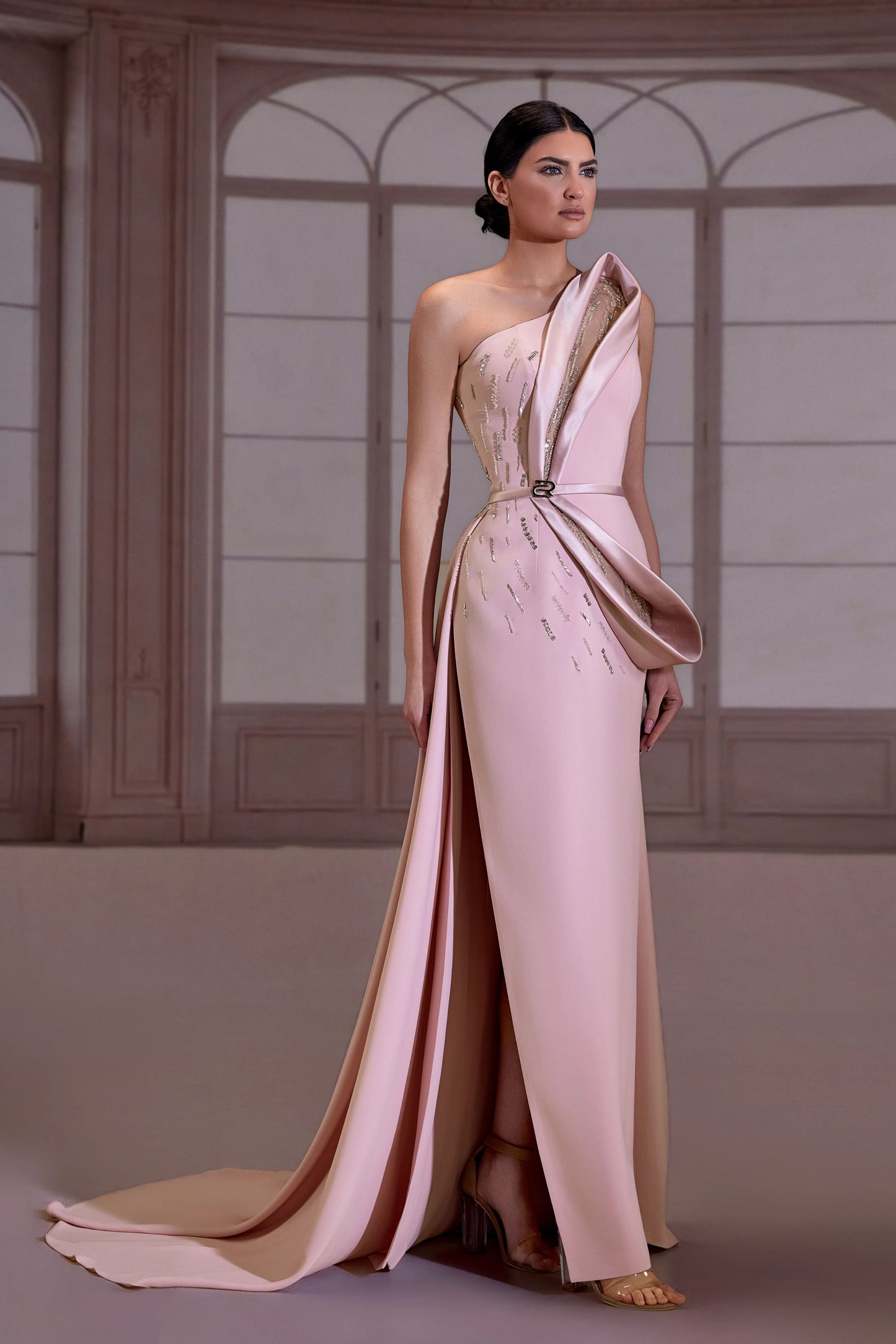 Pink One Shoulder Beaded Crepe Dress