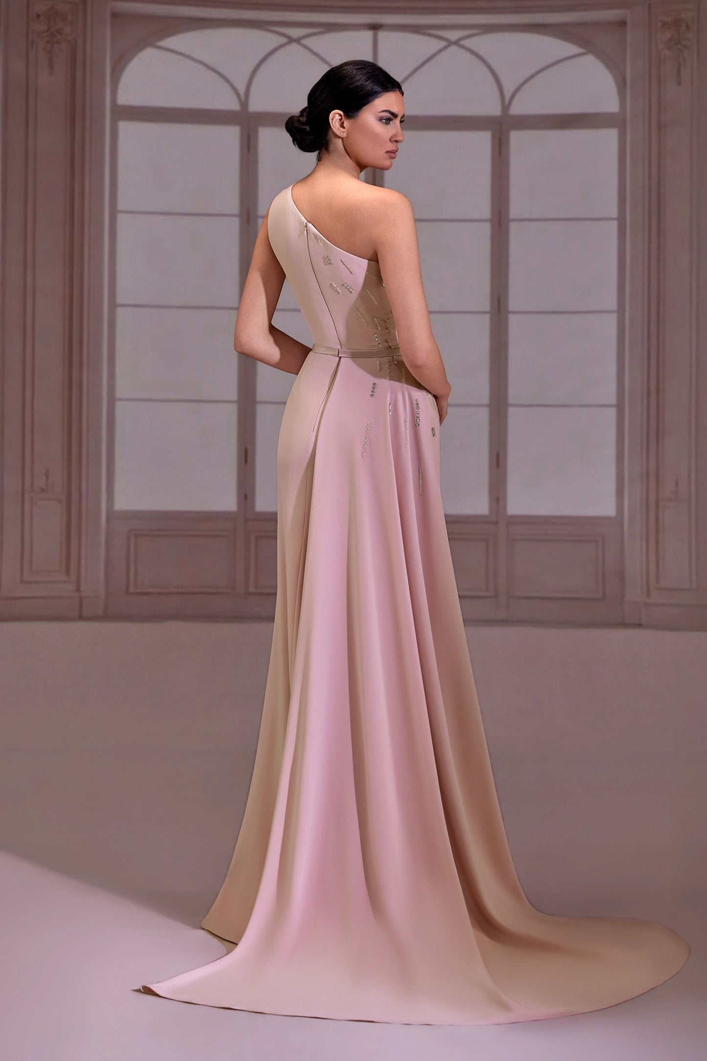 Pink One Shoulder Beaded Crepe Dress