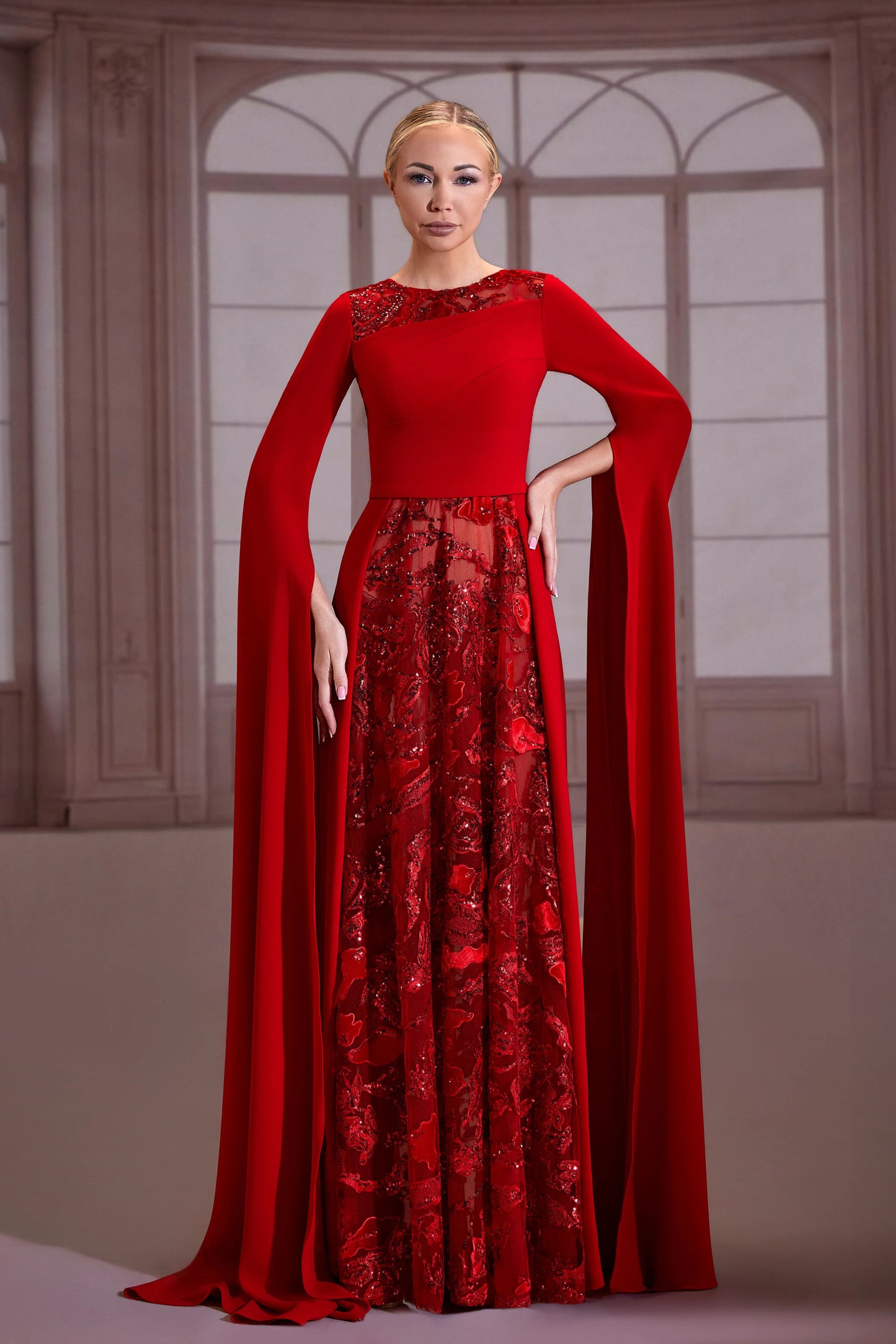 Red Crepe Embroidered A-Line Dress