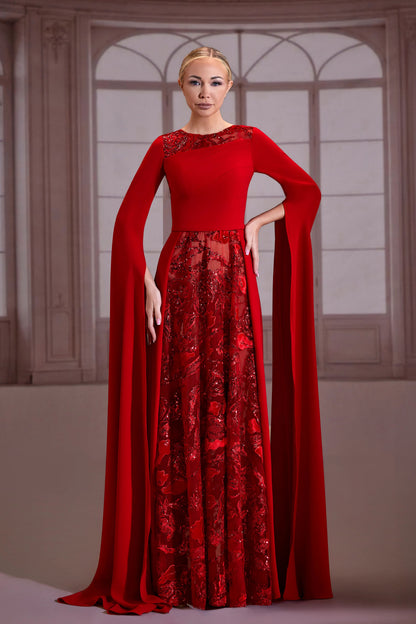 Red Crepe Embroidered A-Line Dress