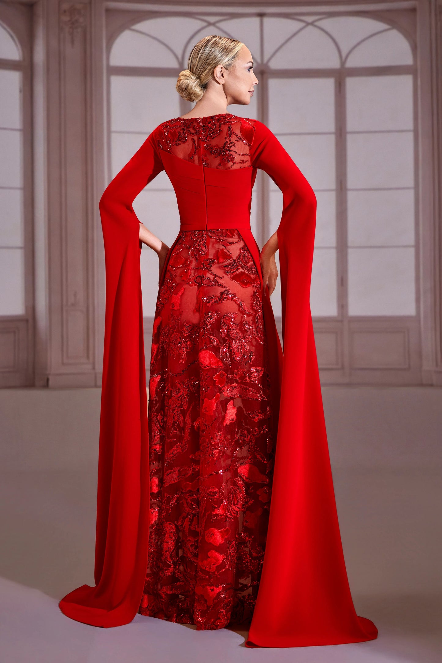 Red Crepe Embroidered A-Line Dress