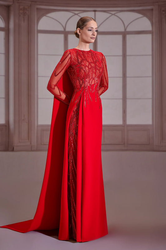 Red Long Beaded Sleeve Dress