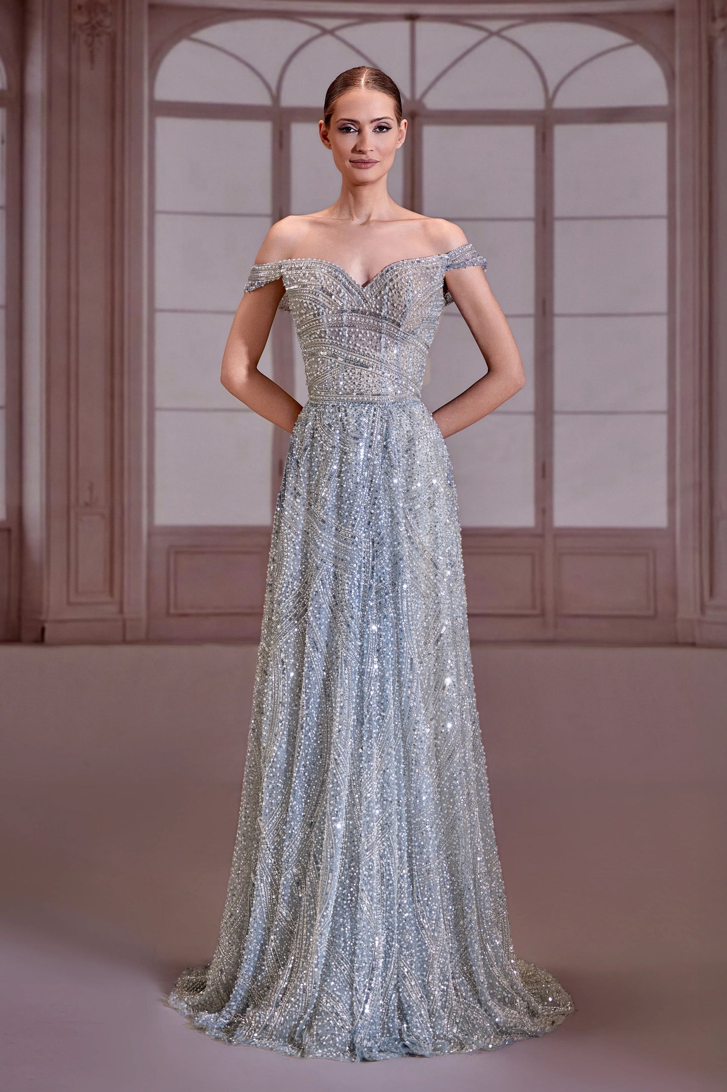 Silver Off-Shoulder Fully Beaded Dress
