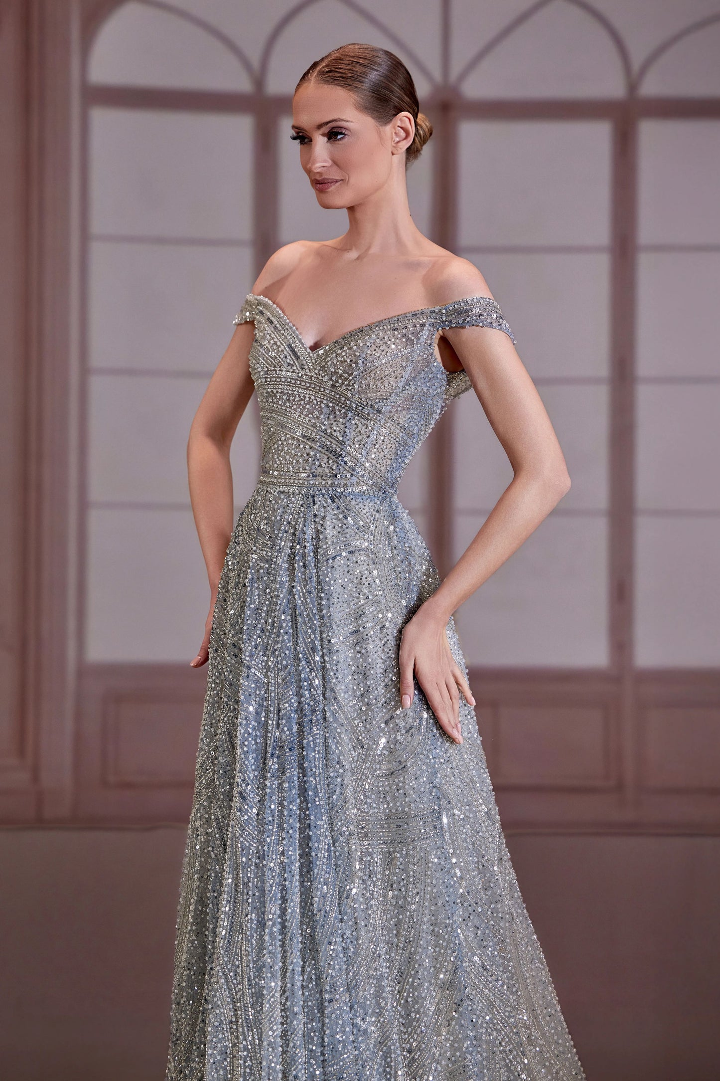 Silver Off-Shoulder Fully Beaded Dress