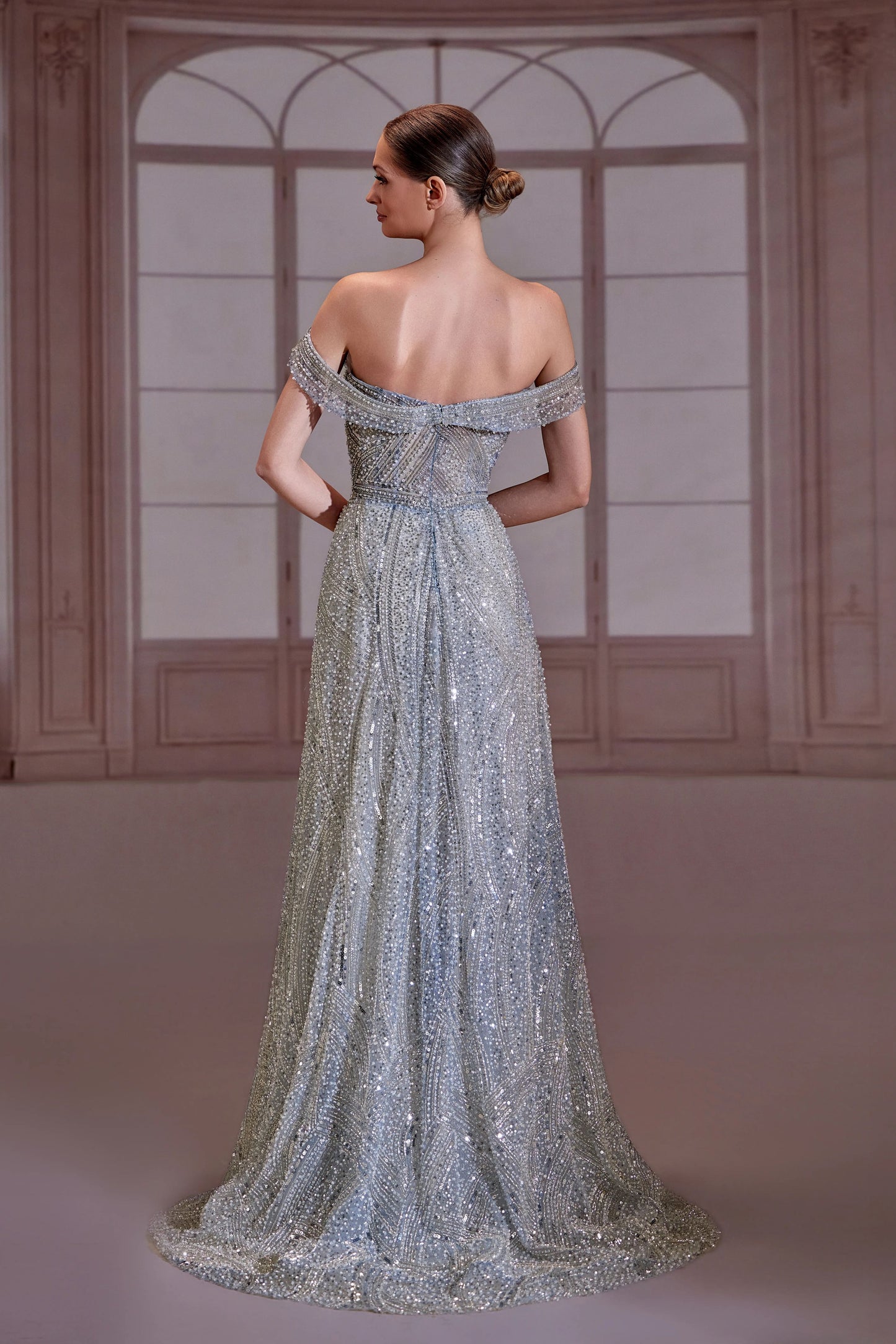 Silver Off-Shoulder Fully Beaded Dress