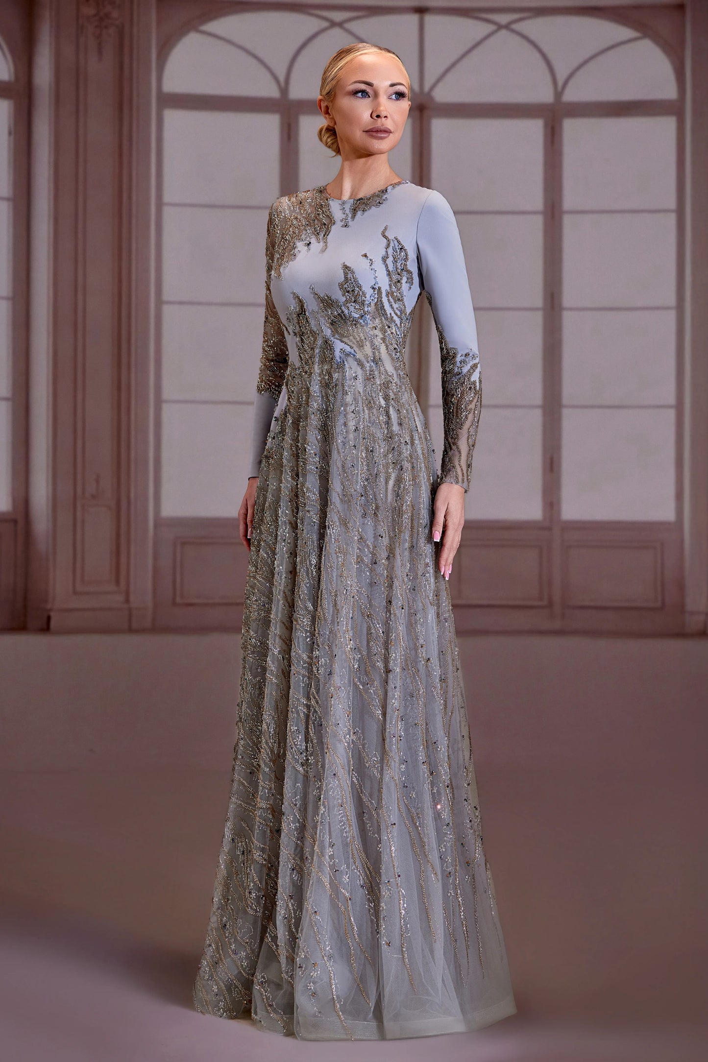 Silver Long Sleeve A-Line Dress