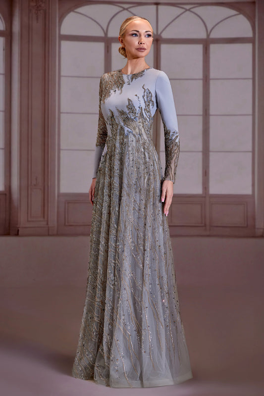 Silver Long Sleeve A-Line Dress