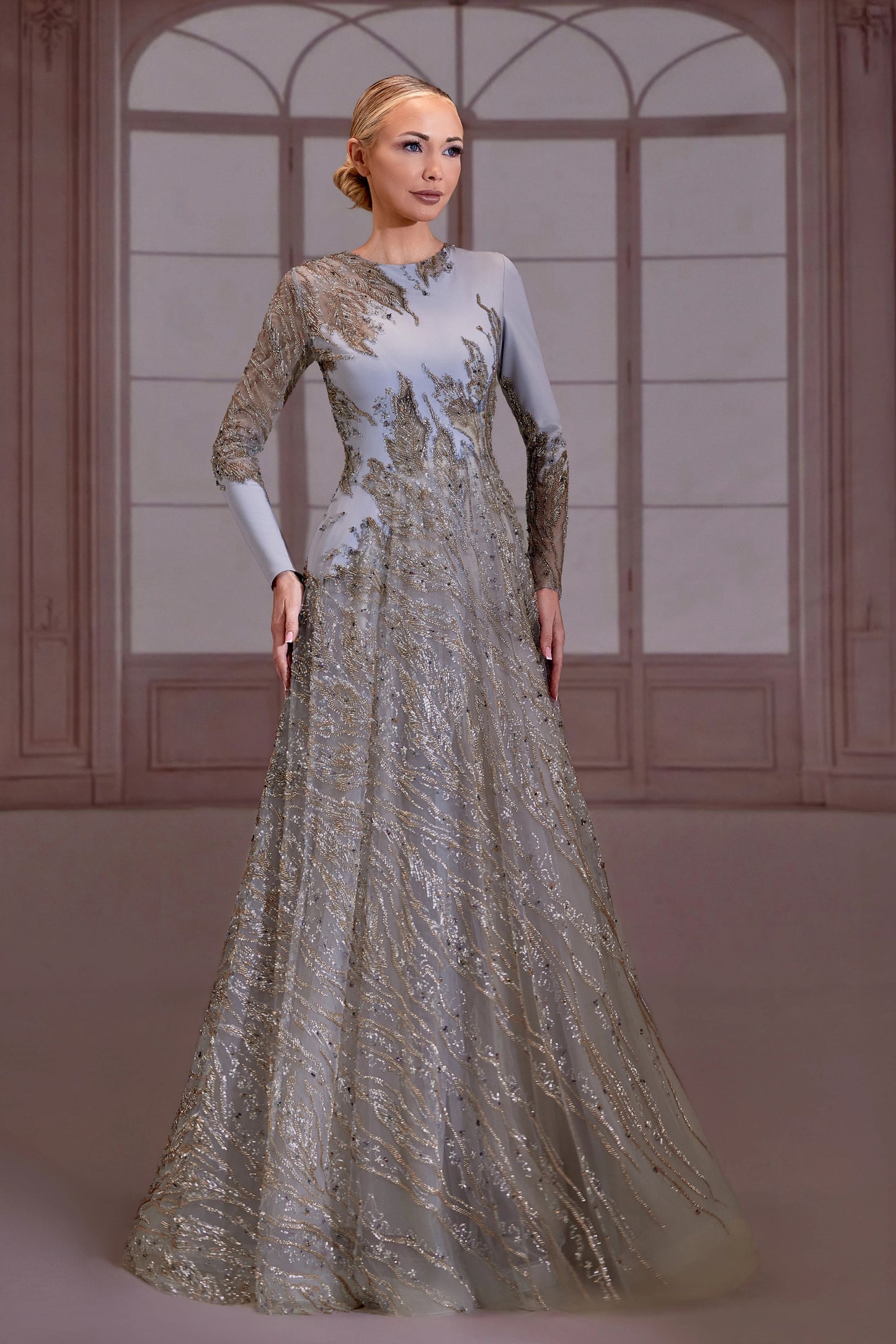 Silver Long Sleeve A-Line Dress