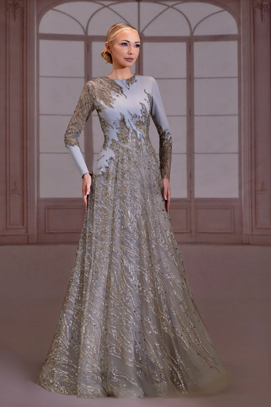 Silver Long Sleeve A-Line Dress