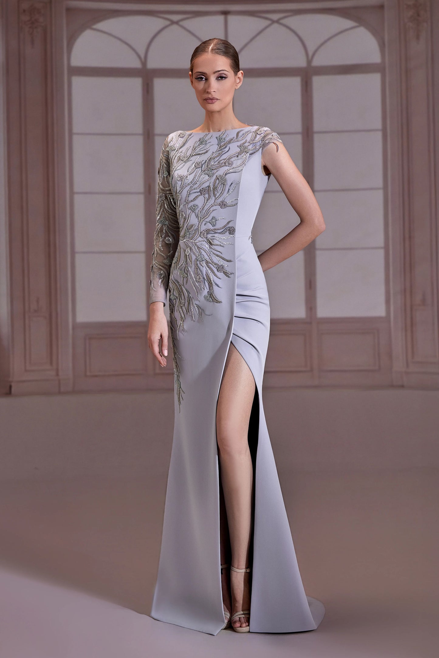 Silver Asymmetrical Sleeve Crepe Dress