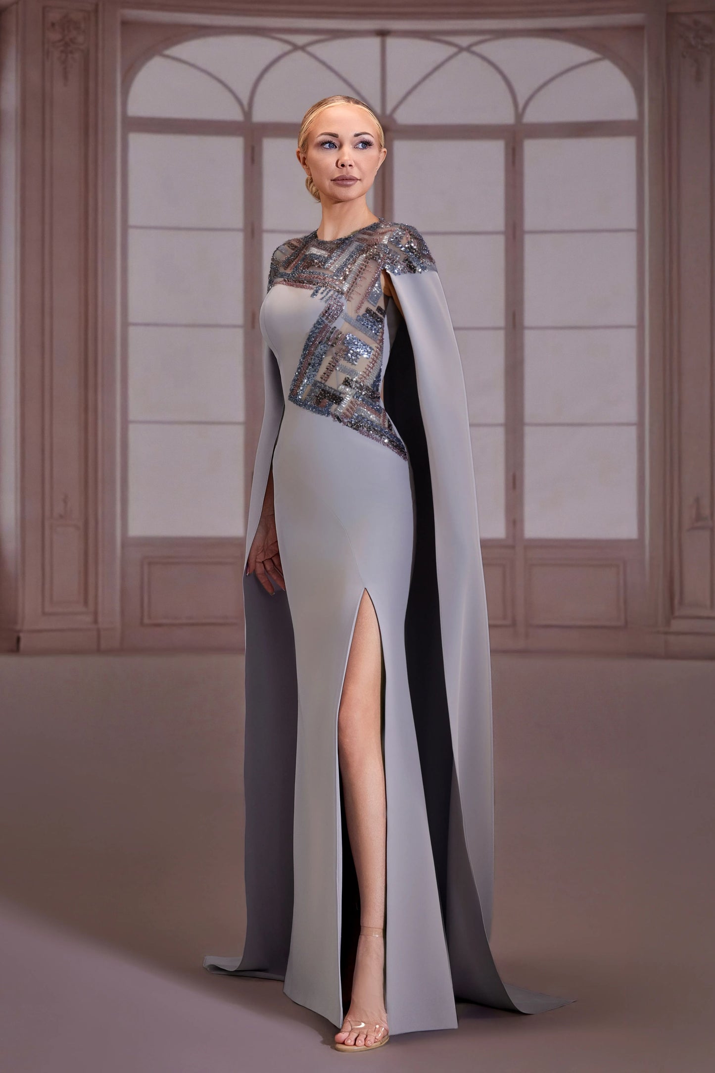 Silver Crepe Dress with Floor-Sweeping Cape