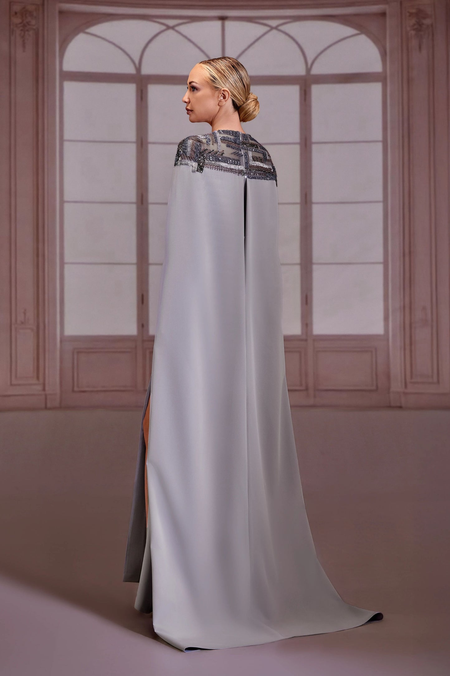 Silver Crepe Dress with Floor-Sweeping Cape