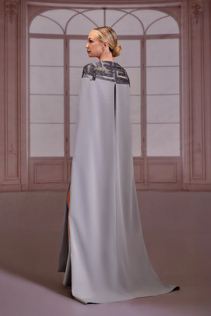 Silver Crepe Dress with Floor-Sweeping Cape