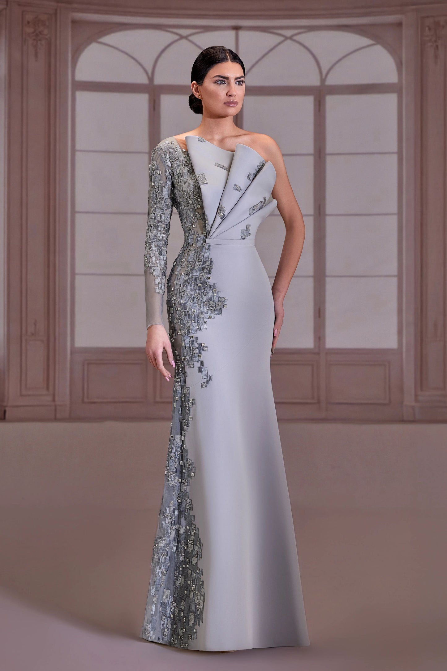 Silver Architectural Ruffle Crepe Dress
