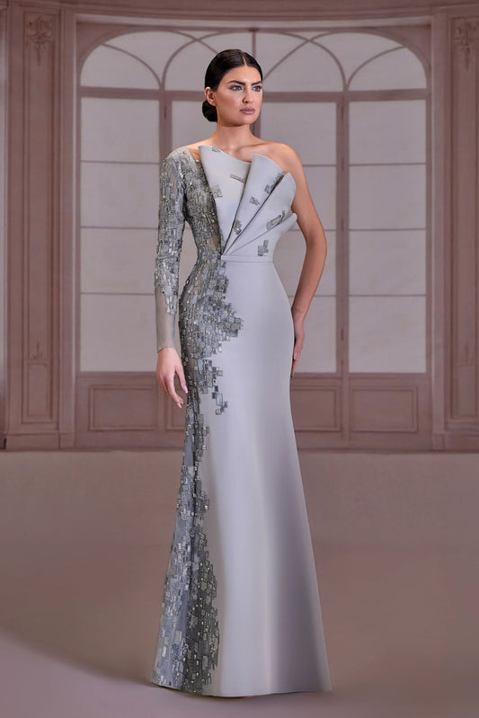 Silver Architectural Ruffle Crepe Dress