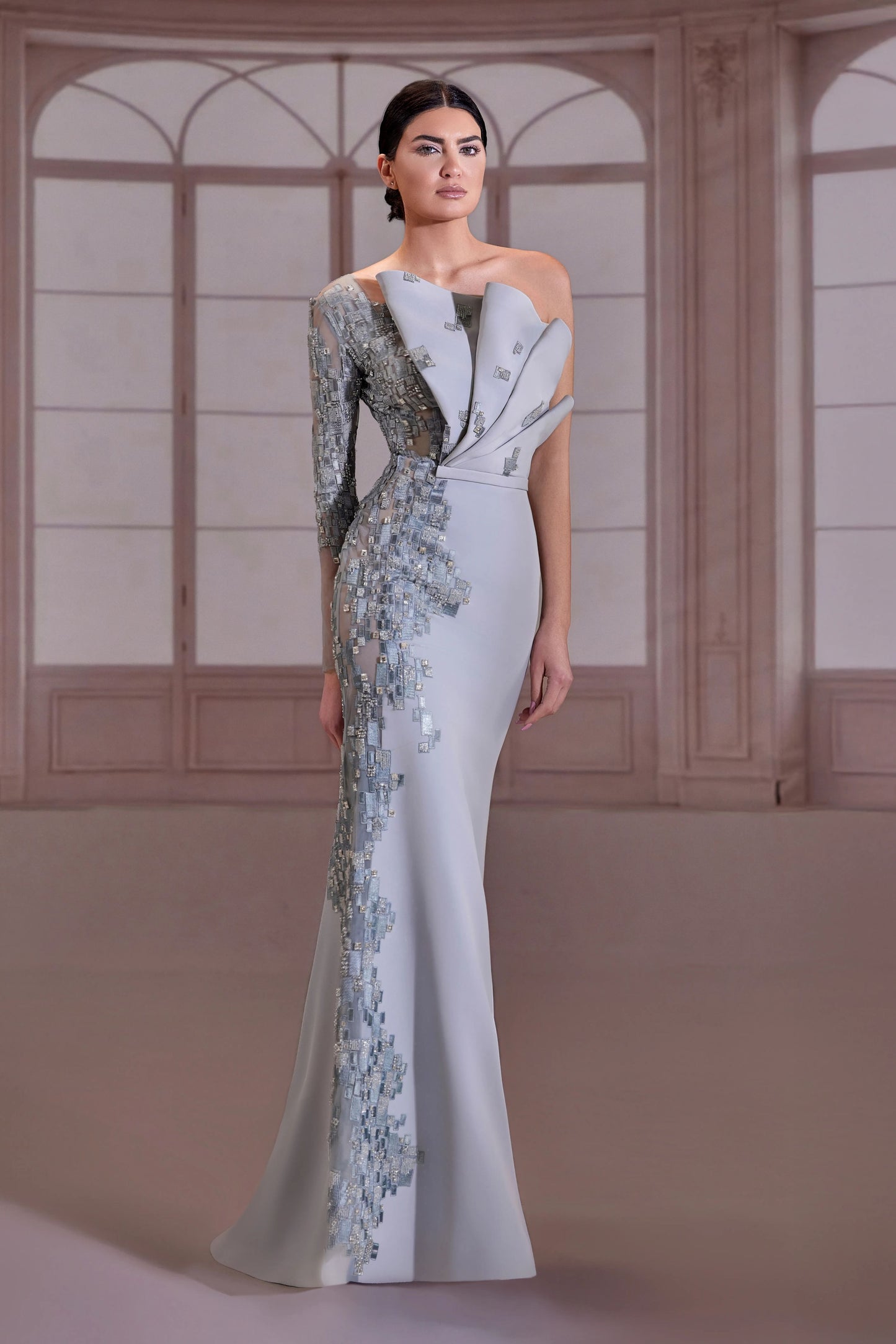 Silver Architectural Ruffle Crepe Dress