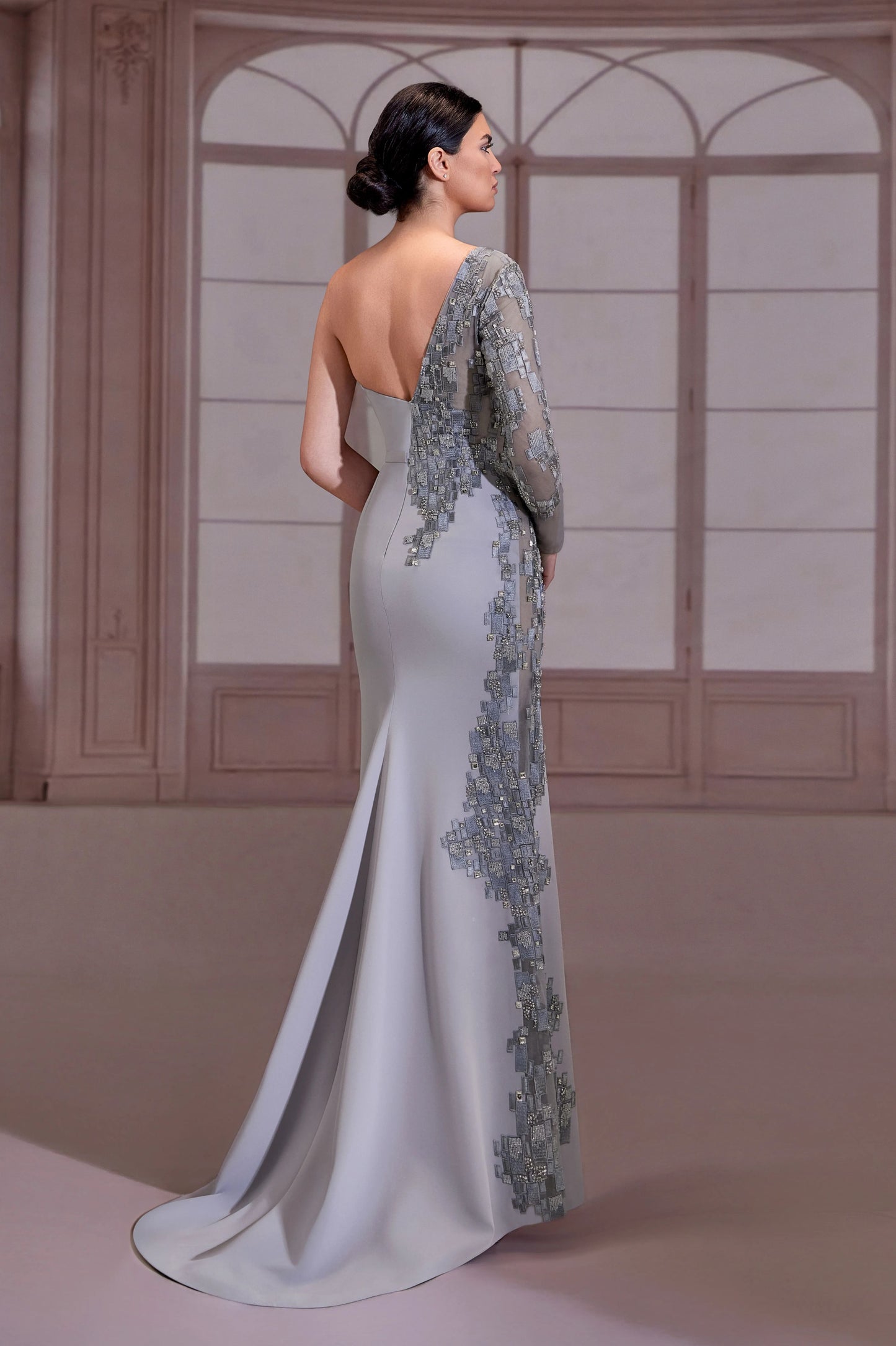 Silver Architectural Ruffle Crepe Dress