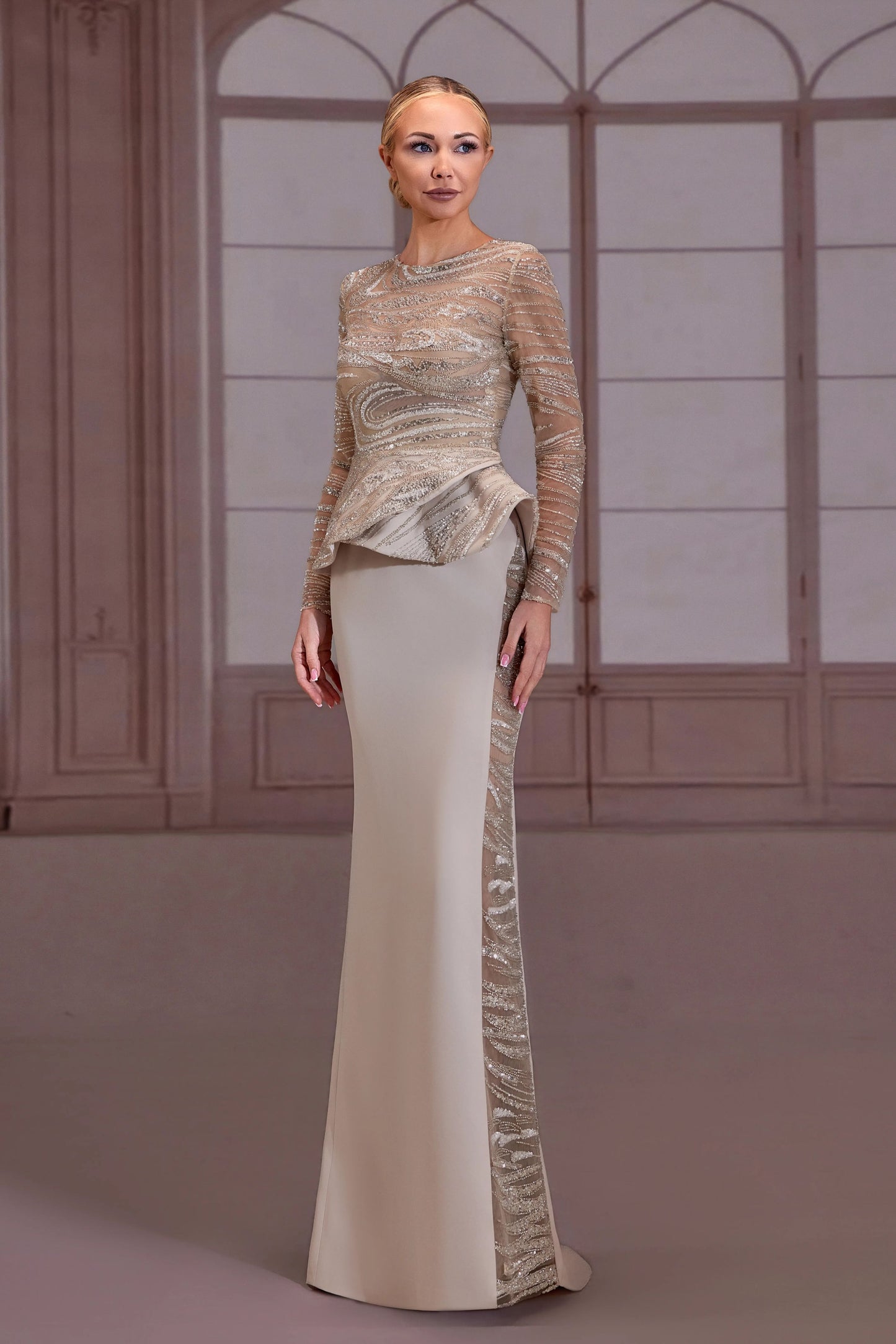 Champagne-Beige Embellished Dress