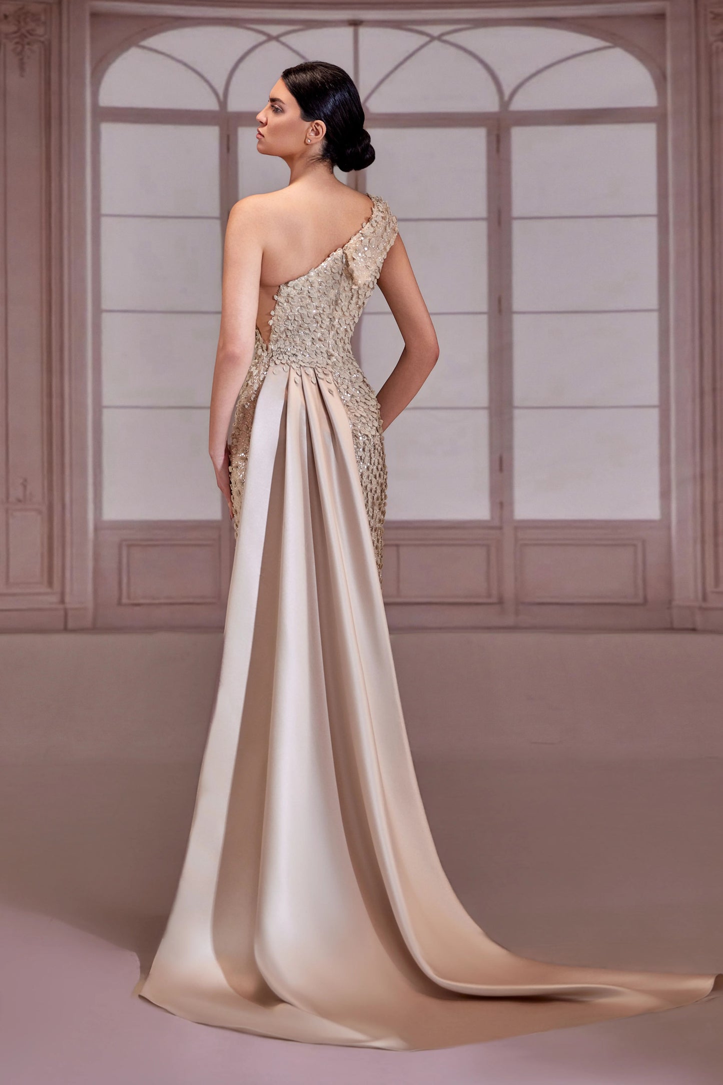 Champagne-Beige Ruffled Overlay Dress