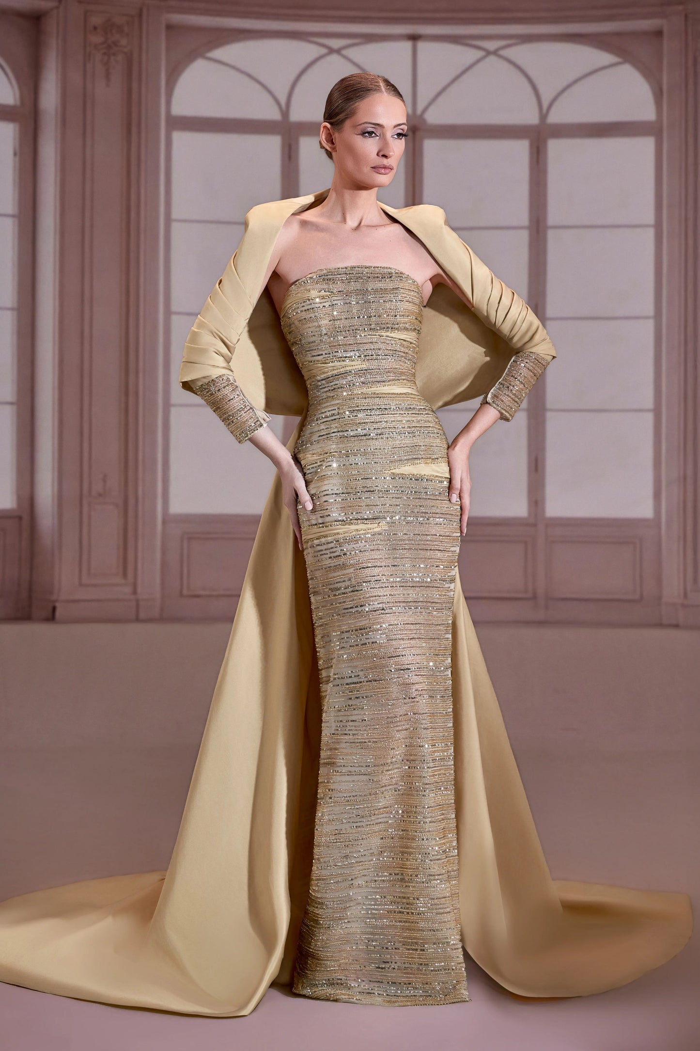 Golden Strapless Beaded Dress