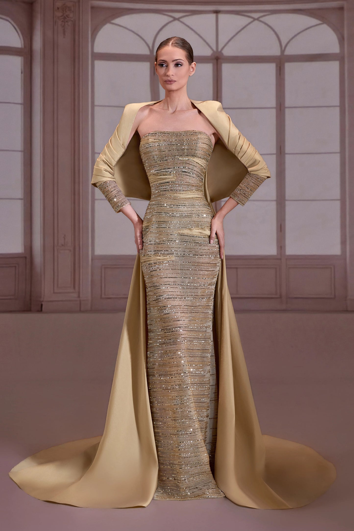 Golden Strapless Beaded Dress