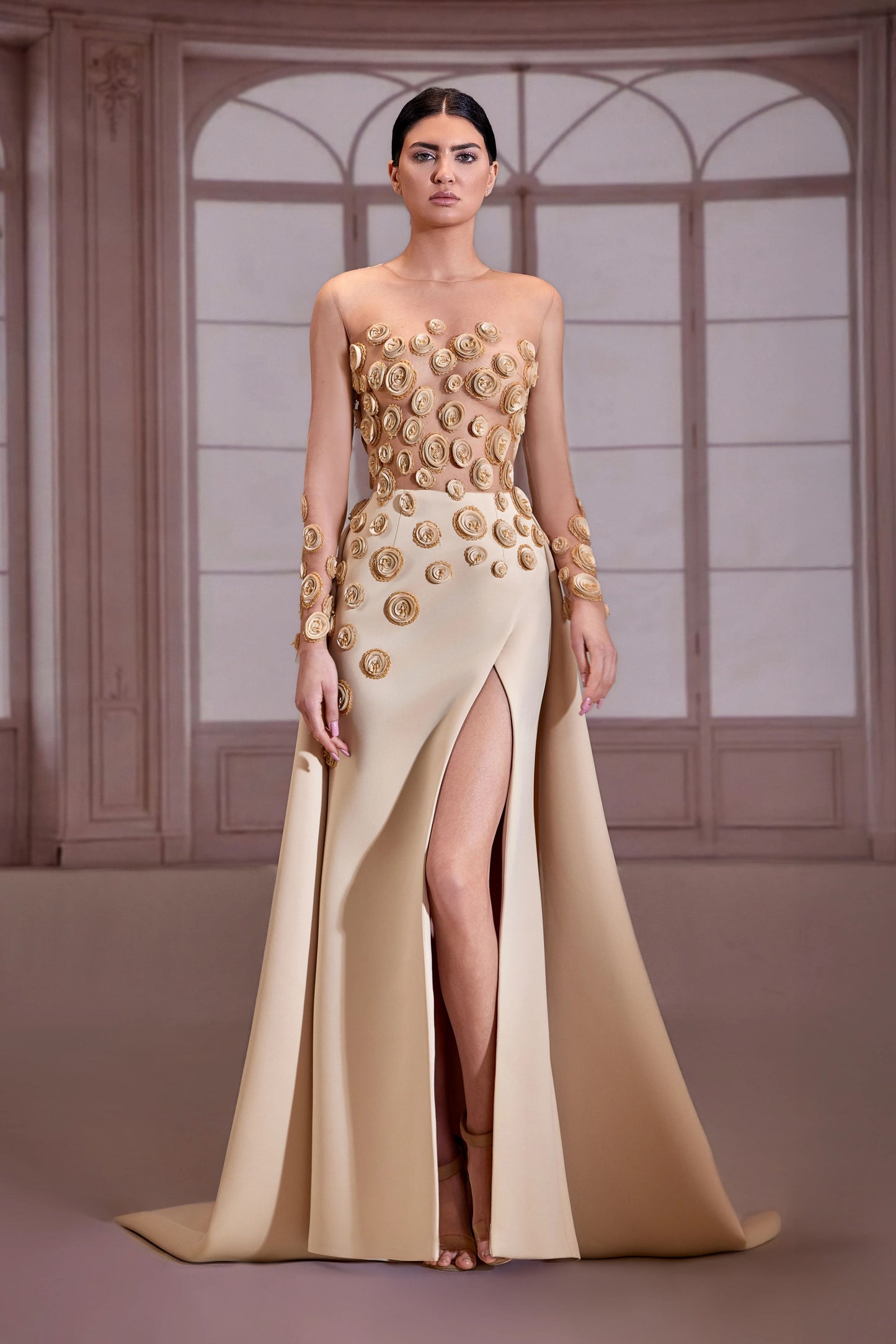 Beige Illusion Long Sleeve Dress