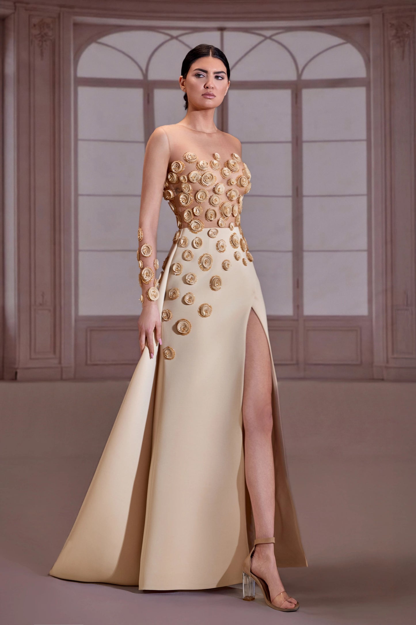 Beige Illusion Long Sleeve Dress
