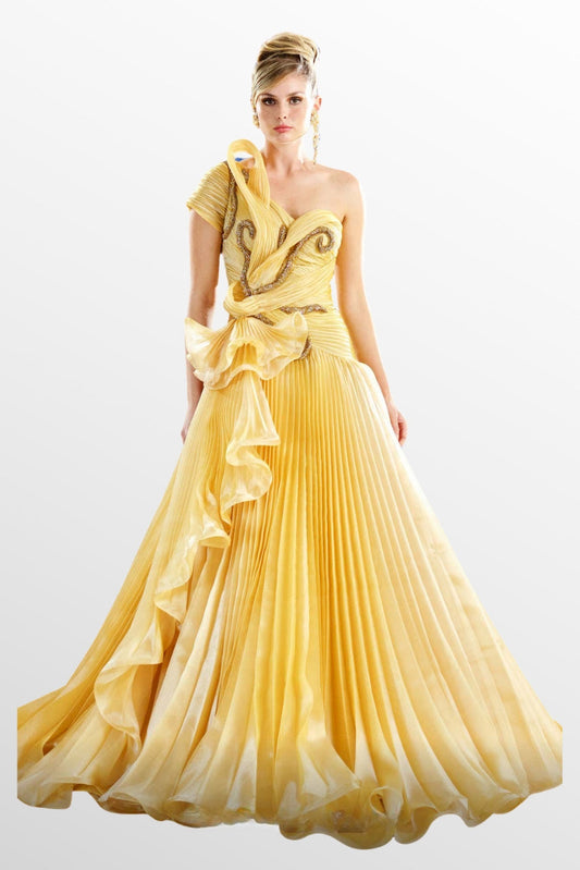 Short Sleeve One Shoulder Pleated A-Line Gown