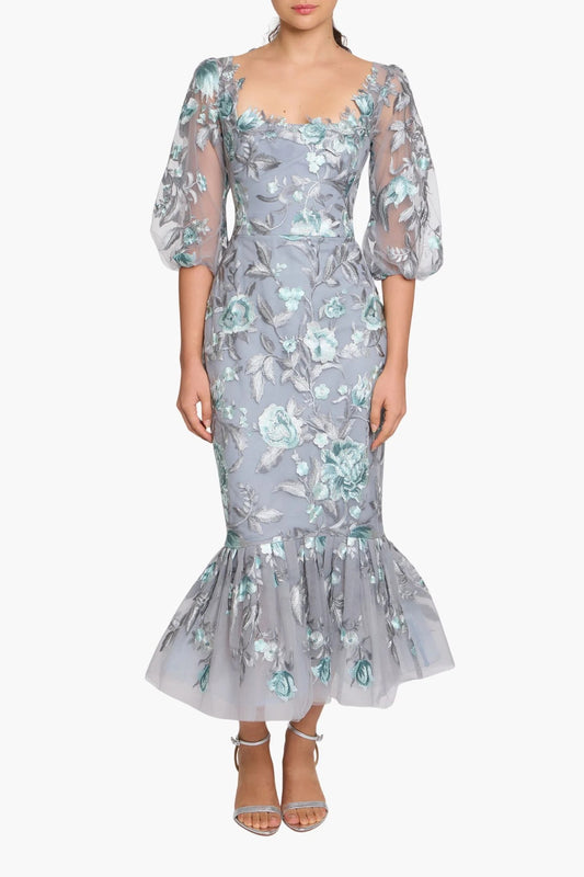 Embroidered Puff Sleeve Midi Dress