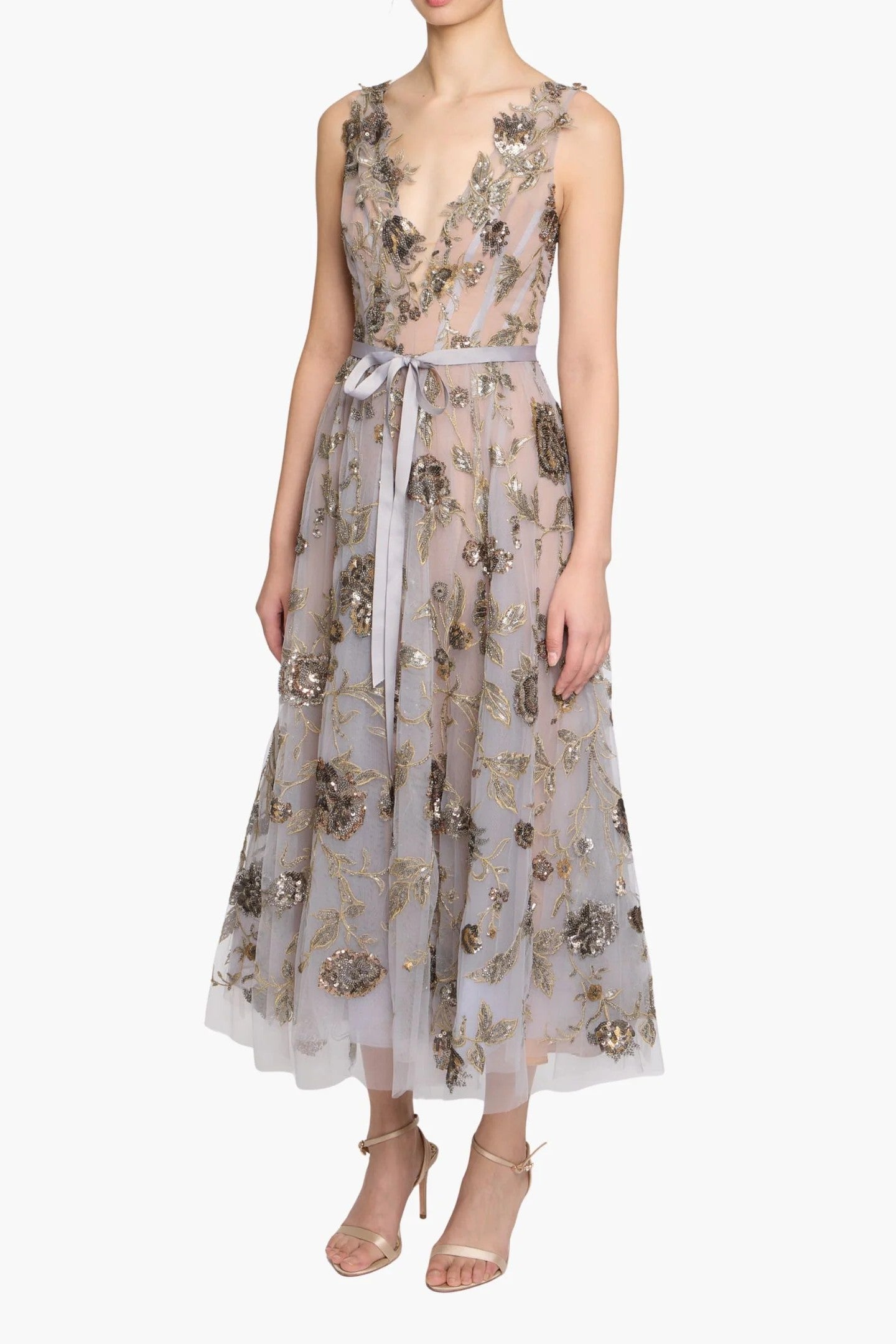 Sleeveless Embroidered Tulle Midi Dress