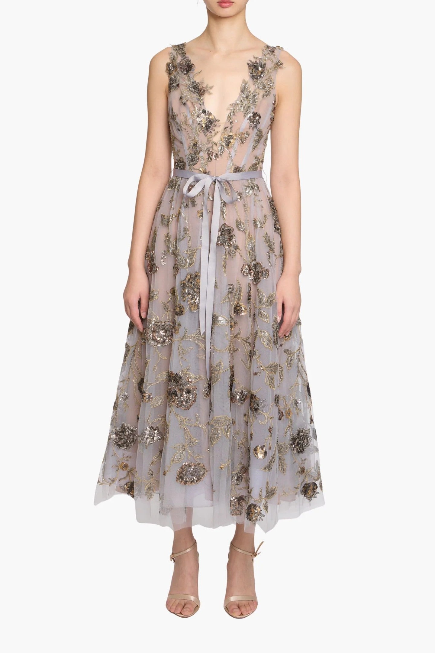 Sleeveless Embroidered Tulle Midi Dress
