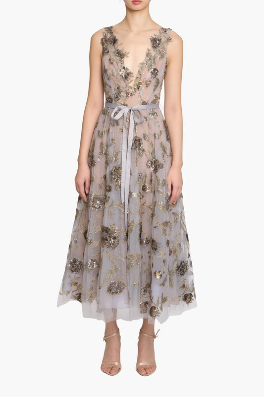 Sleeveless Embroidered Tulle Midi Dress