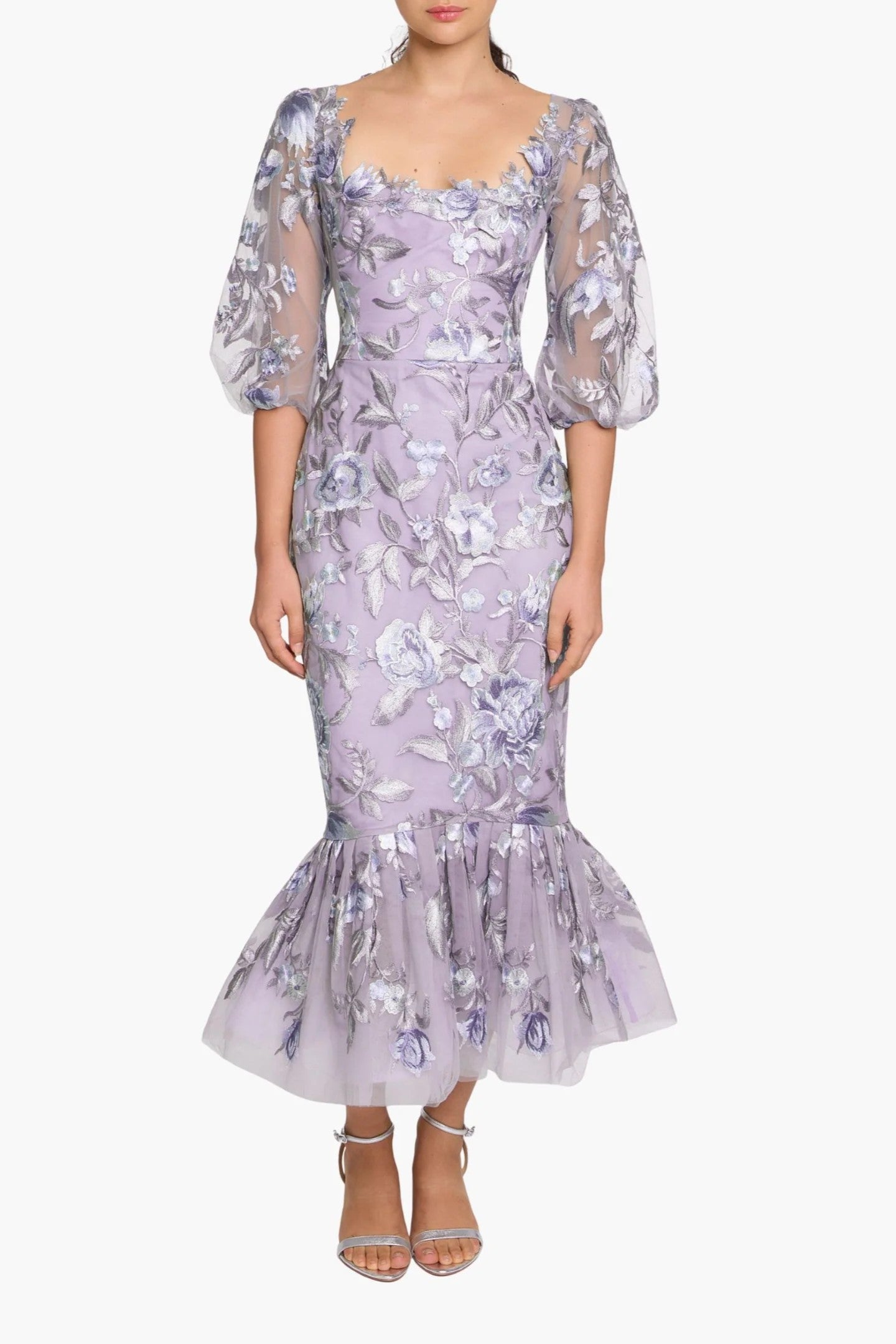 Embroidered Puff Sleeve Midi Dress