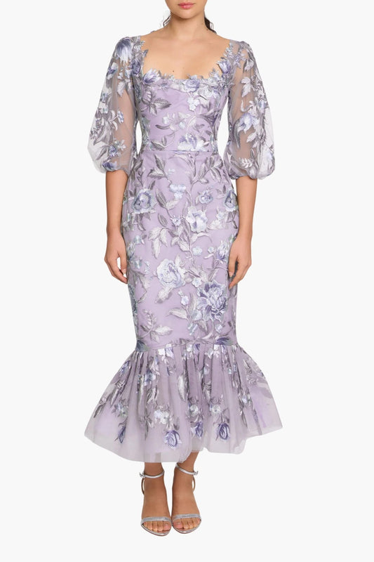 Embroidered Puff Sleeve Midi Dress