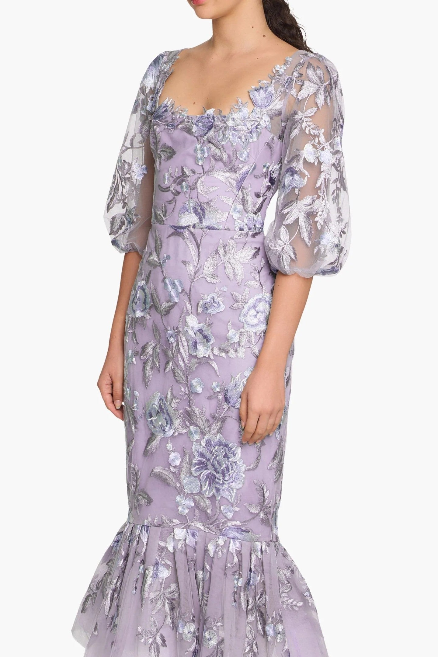 Embroidered Puff Sleeve Midi Dress