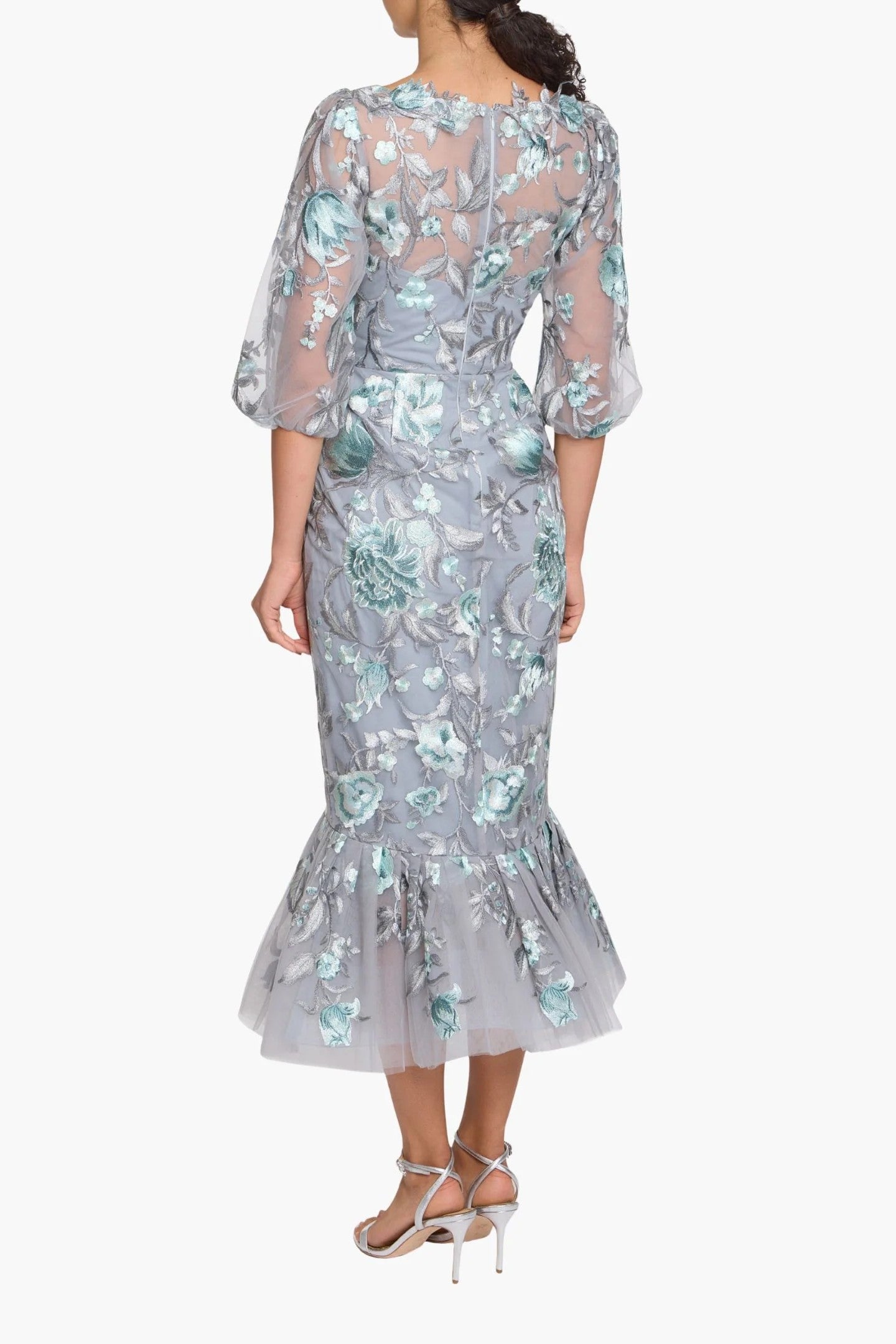 Embroidered Puff Sleeve Midi Dress
