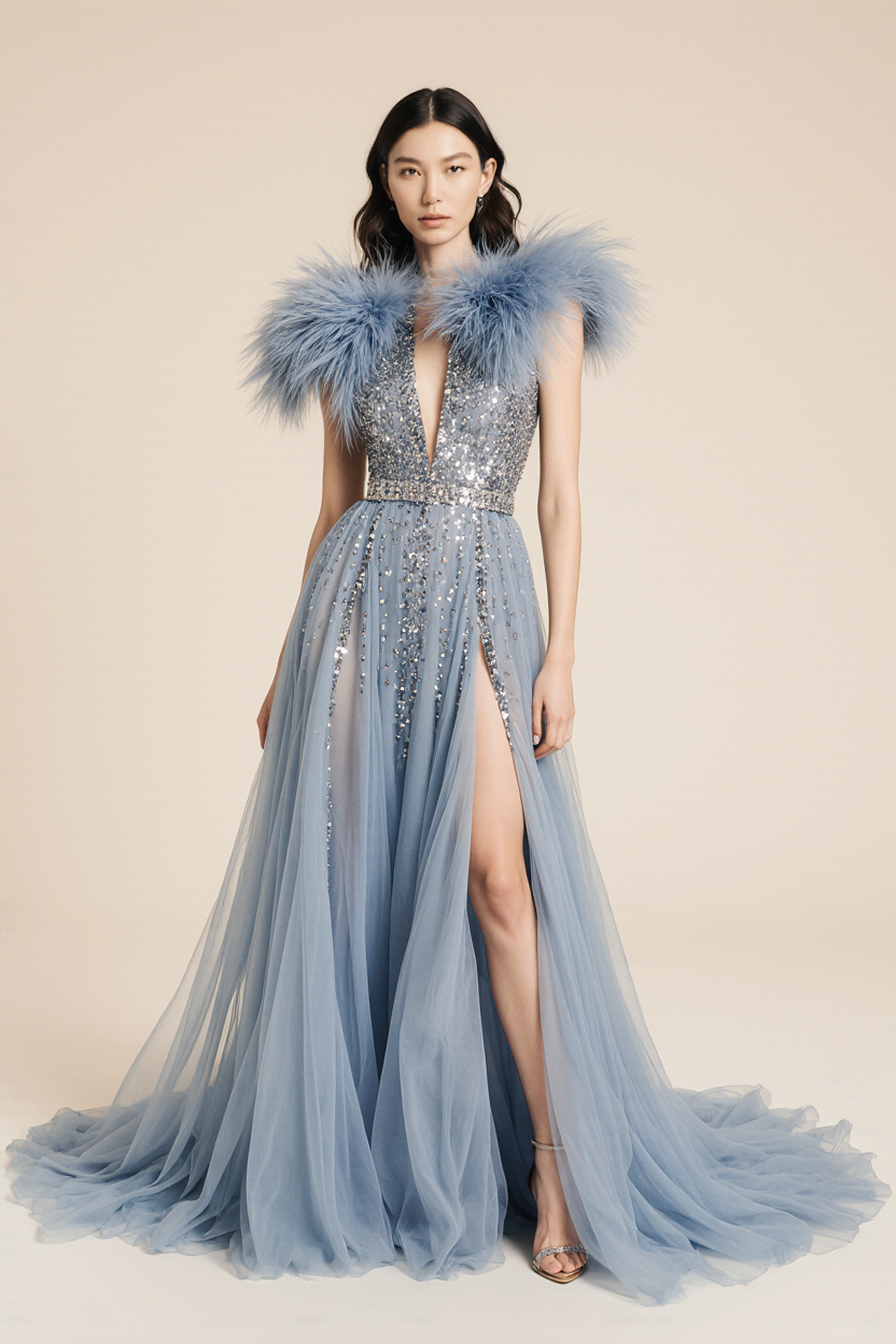 Feathered Cap Sleeve Gown