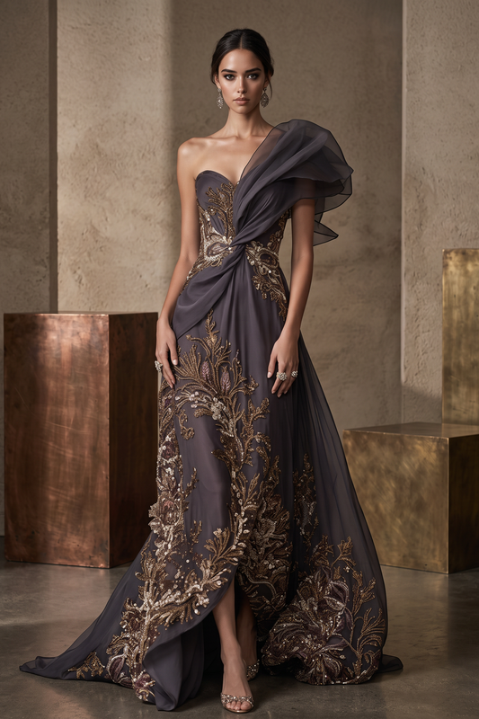 One Shoulder Sweetheart Sleeved Gown
